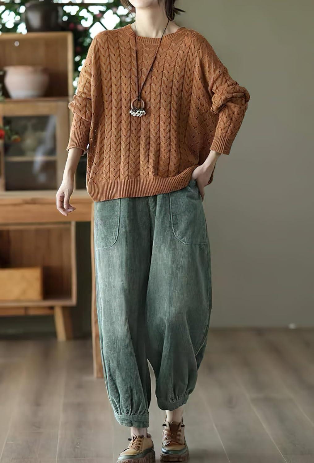 imagechouyatou Womens Harem Loose Corduroy Pants Elastic High Waisted Straight Wide Leg Trouser with PocketsGreen