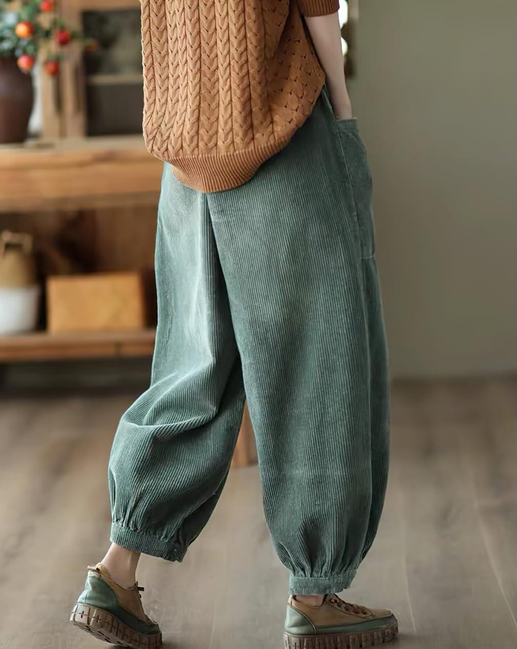 imagechouyatou Womens Harem Loose Corduroy Pants Elastic High Waisted Straight Wide Leg Trouser with PocketsGreen
