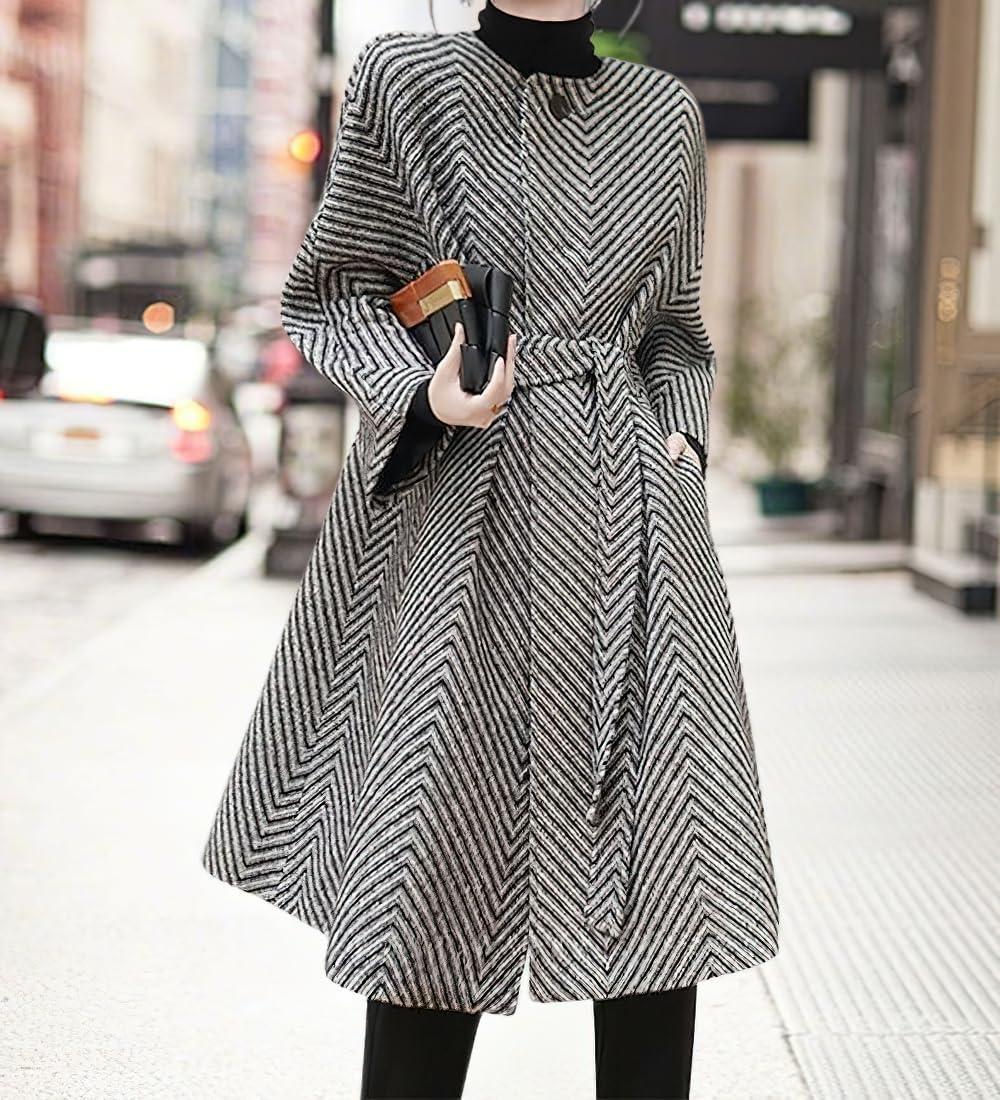 imagechouyatou Womens Herringbone Collarless Blazer Wool Coat 34 Sleeve Mid Long Trench Coat with BeltBlack