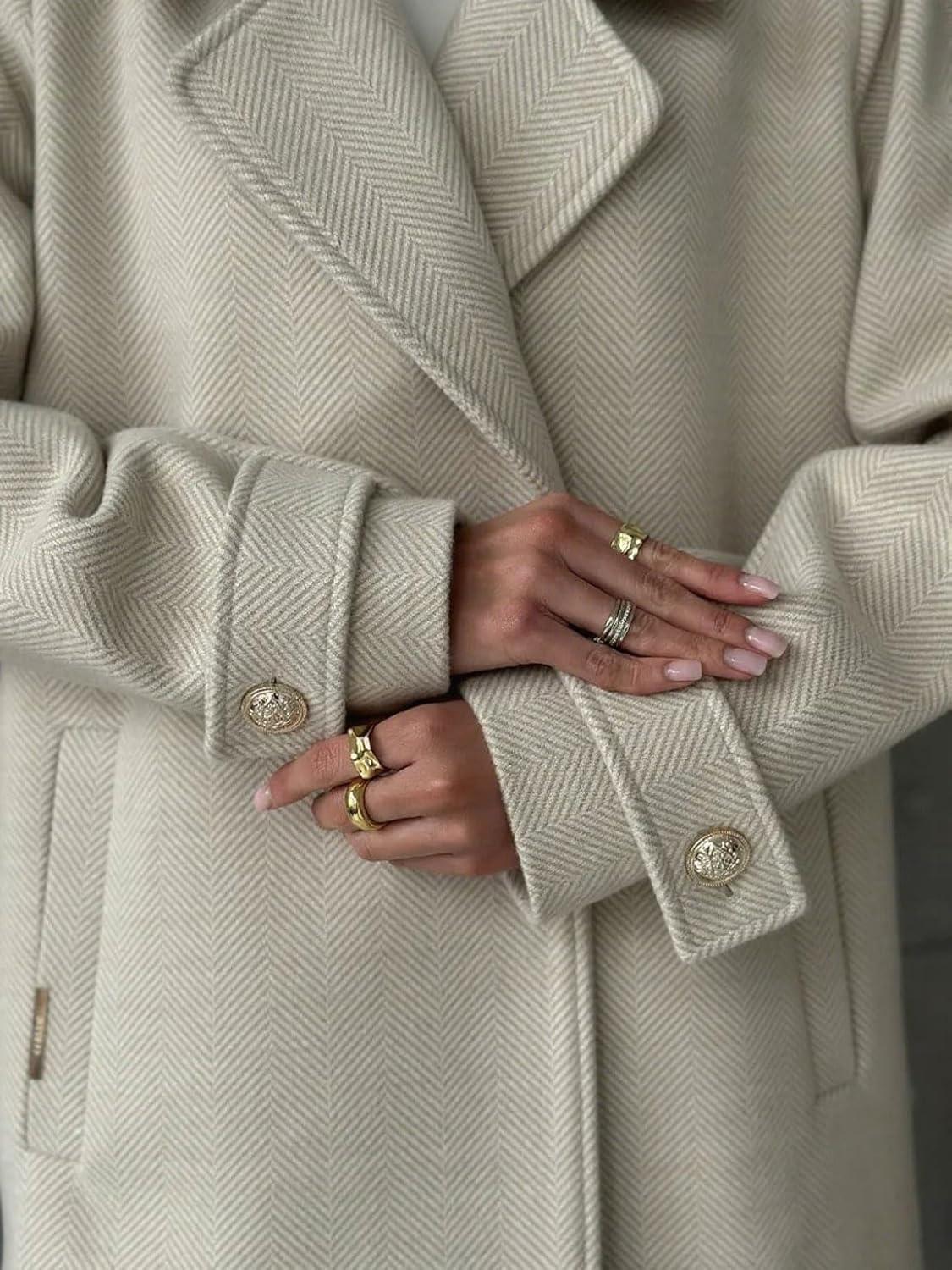 imagechouyatou Womens Herringbone Double Breasted Wool Coat Notched Lapel Work Casual Wool Blend Trench Pea Coat JacketApricot