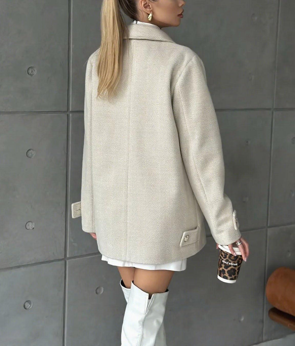 imagechouyatou Womens Herringbone Double Breasted Wool Coat Notched Lapel Work Casual Wool Blend Trench Pea Coat JacketApricot