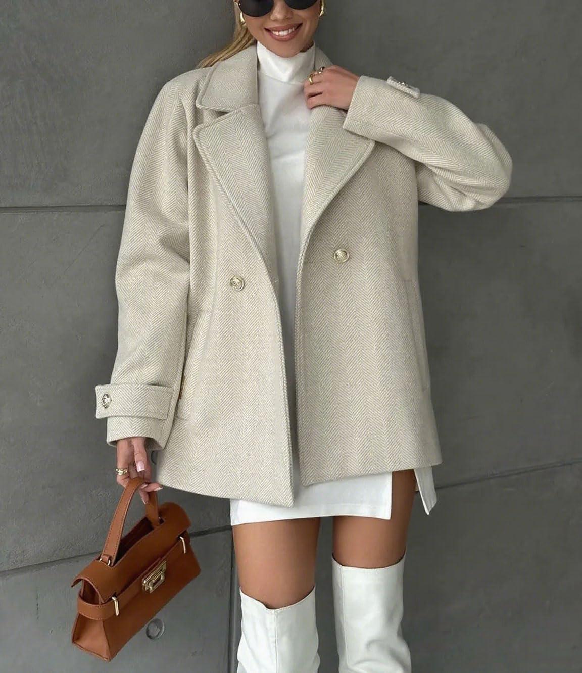 imagechouyatou Womens Herringbone Double Breasted Wool Coat Notched Lapel Work Casual Wool Blend Trench Pea Coat JacketApricot