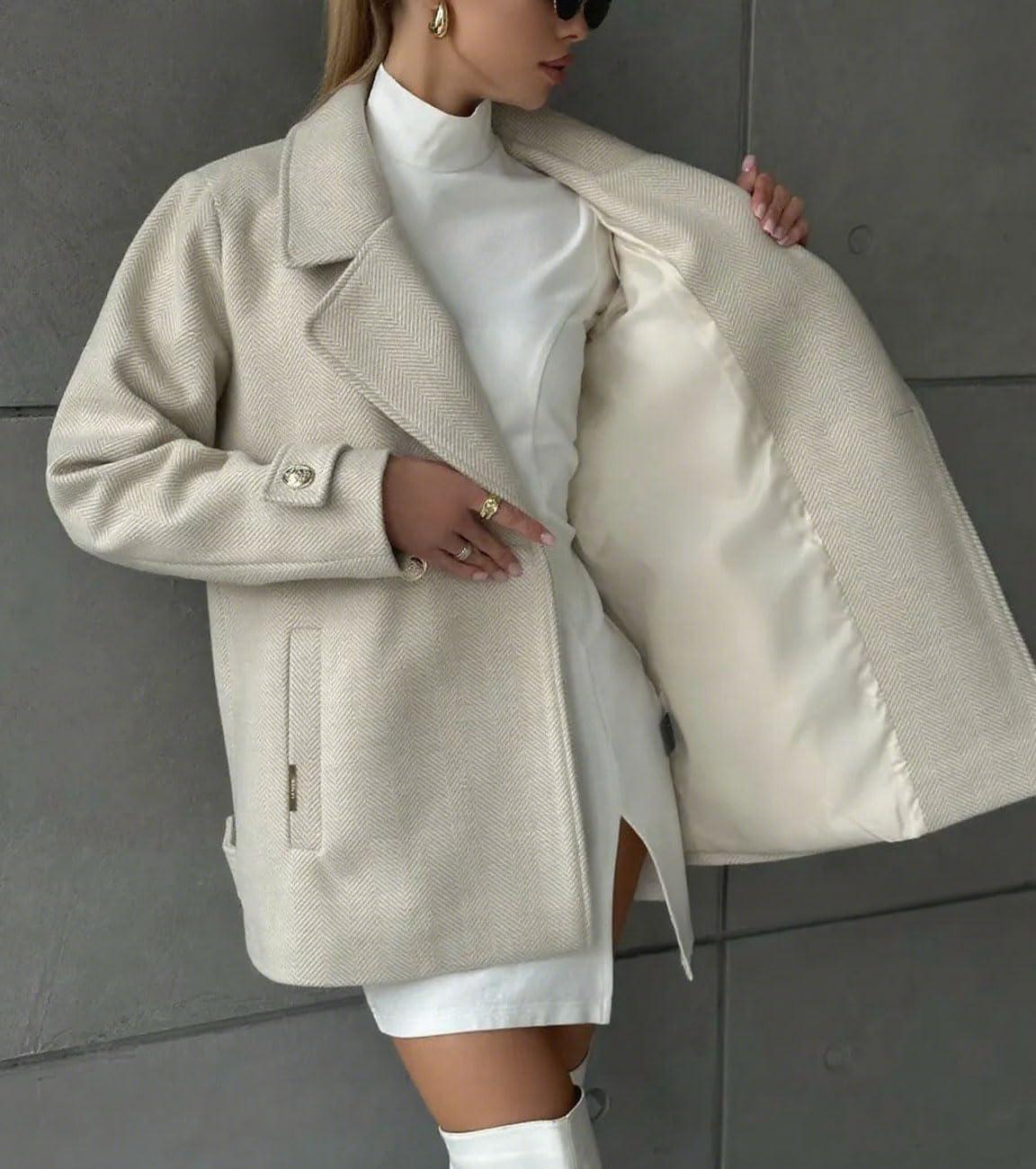 imagechouyatou Womens Herringbone Double Breasted Wool Coat Notched Lapel Work Casual Wool Blend Trench Pea Coat JacketApricot