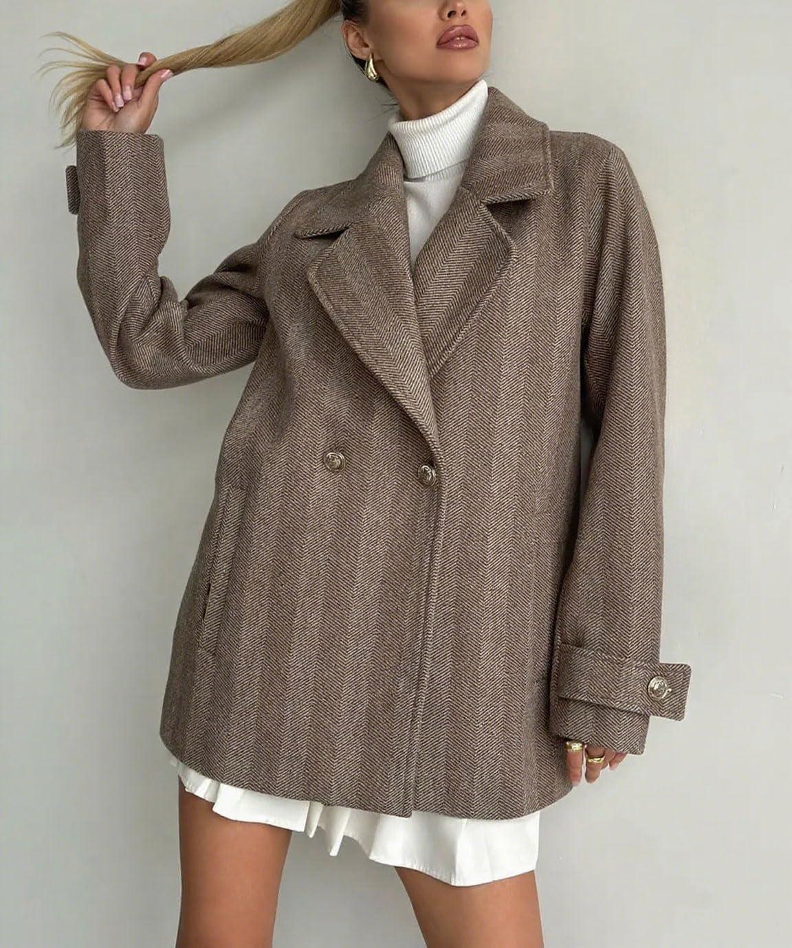 imagechouyatou Womens Herringbone Double Breasted Wool Coat Notched Lapel Work Casual Wool Blend Trench Pea Coat JacketBrown