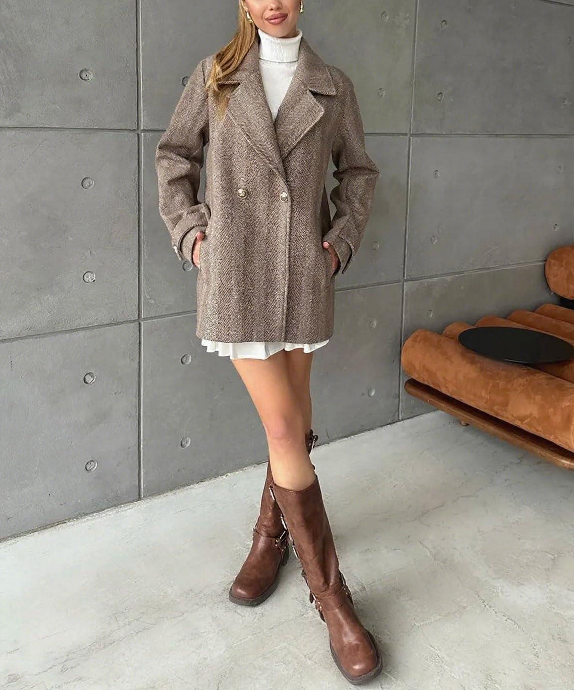 imagechouyatou Womens Herringbone Double Breasted Wool Coat Notched Lapel Work Casual Wool Blend Trench Pea Coat JacketBrown