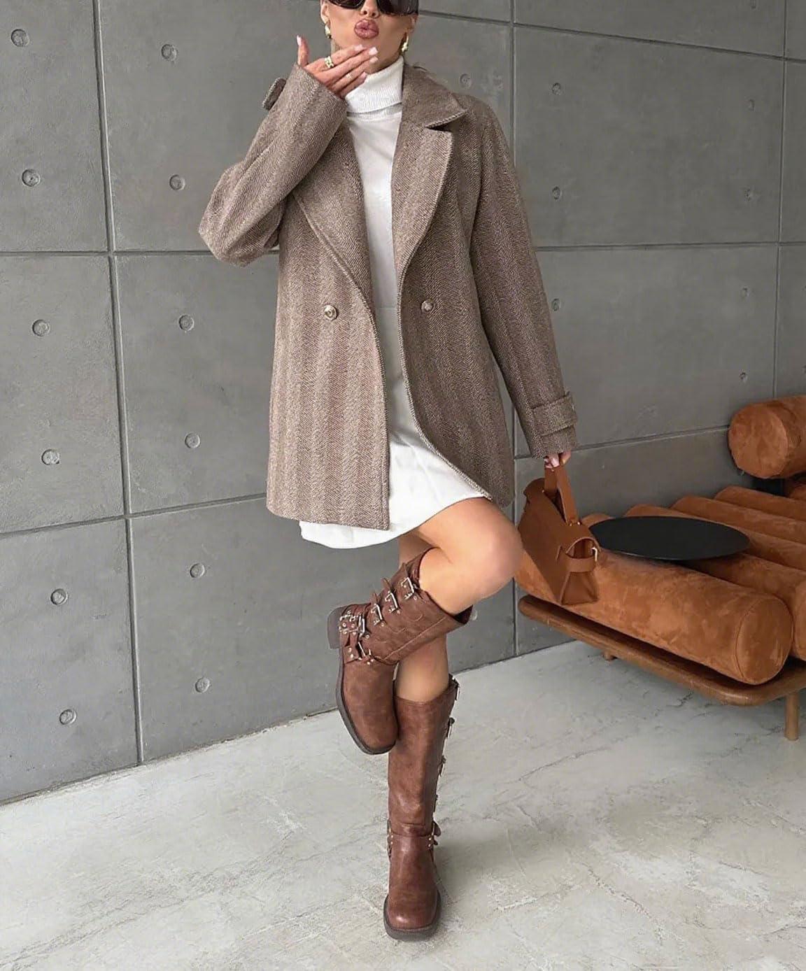 imagechouyatou Womens Herringbone Double Breasted Wool Coat Notched Lapel Work Casual Wool Blend Trench Pea Coat JacketBrown