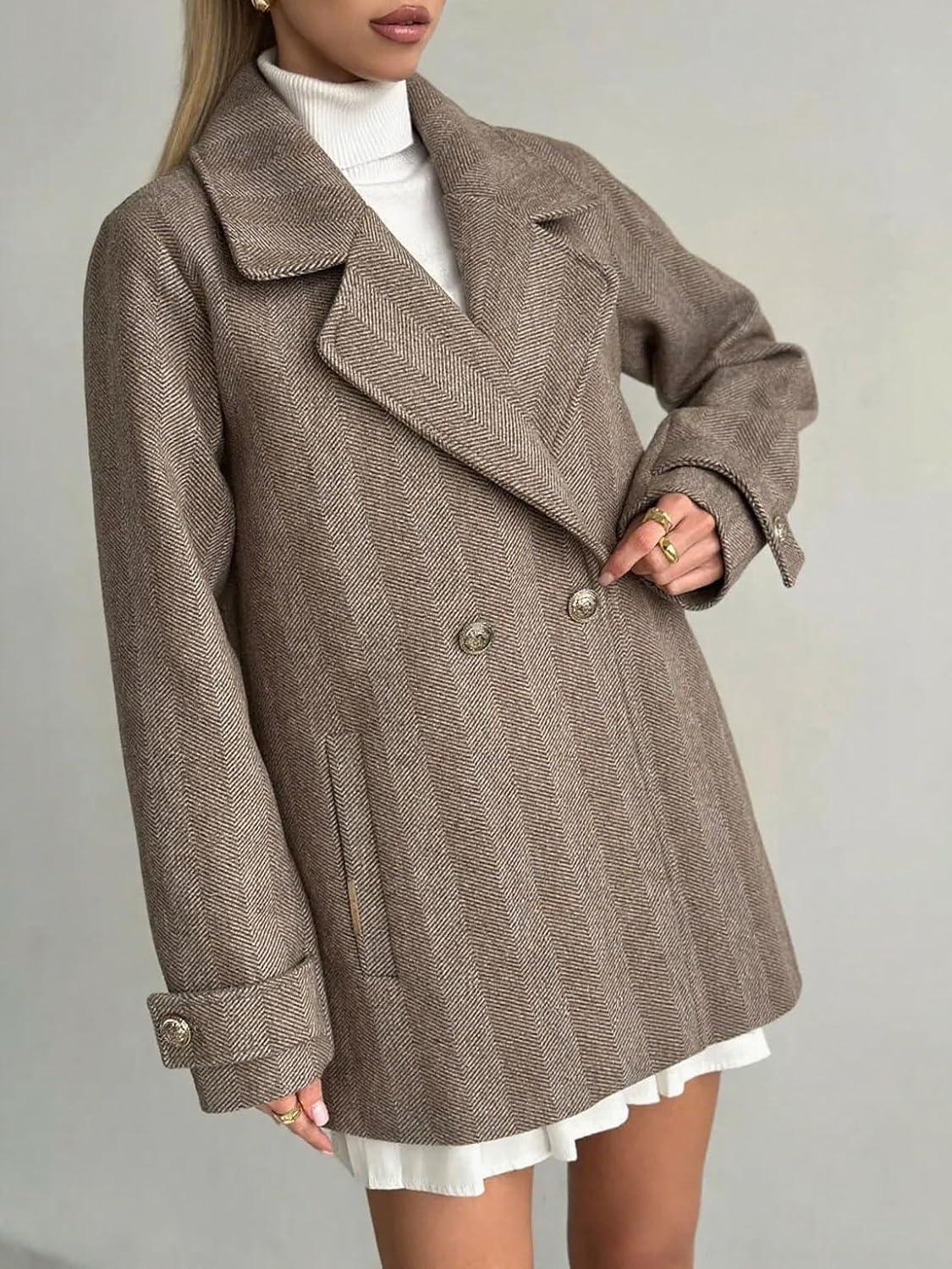 imagechouyatou Womens Herringbone Double Breasted Wool Coat Notched Lapel Work Casual Wool Blend Trench Pea Coat JacketBrown