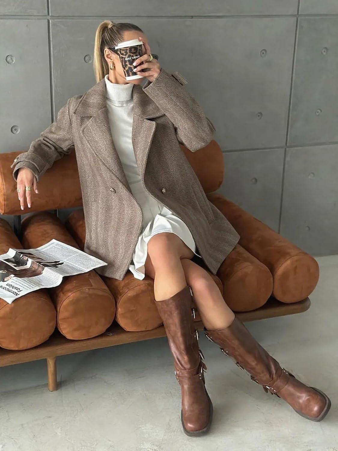 imagechouyatou Womens Herringbone Double Breasted Wool Coat Notched Lapel Work Casual Wool Blend Trench Pea Coat JacketBrown