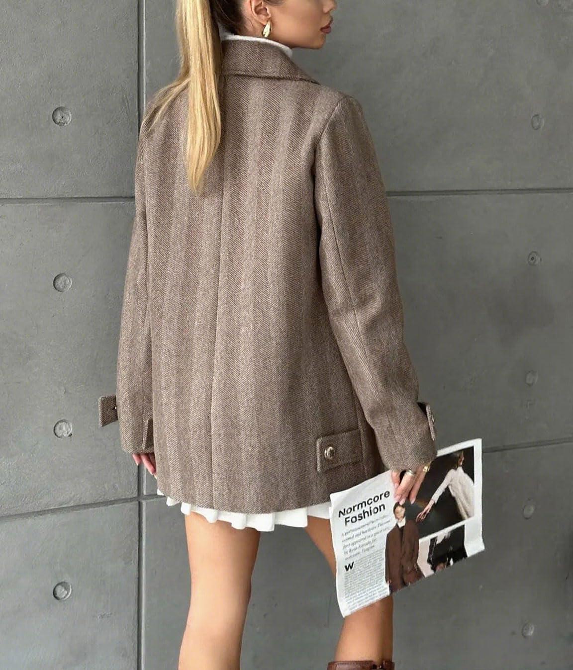 imagechouyatou Womens Herringbone Double Breasted Wool Coat Notched Lapel Work Casual Wool Blend Trench Pea Coat JacketBrown