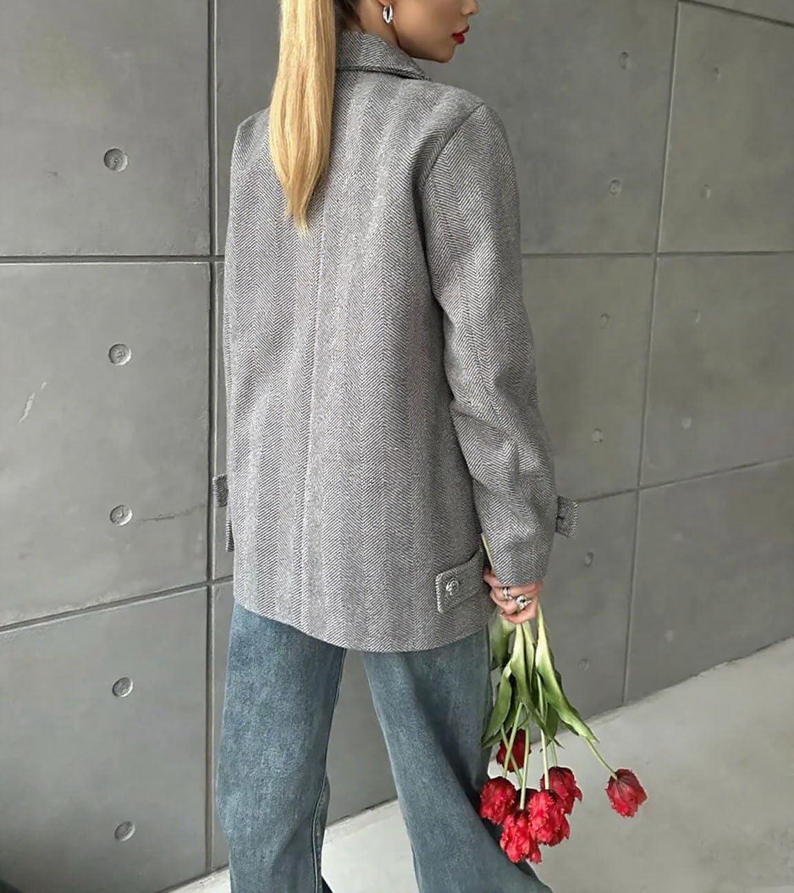 imagechouyatou Womens Herringbone Double Breasted Wool Coat Notched Lapel Work Casual Wool Blend Trench Pea Coat JacketGray