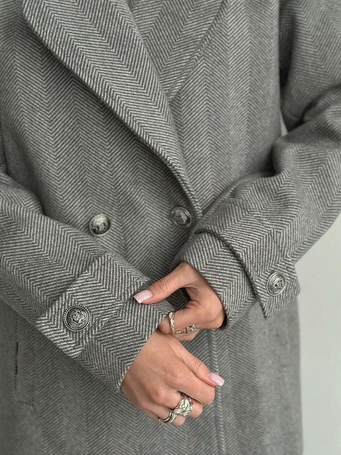 imagechouyatou Womens Herringbone Double Breasted Wool Coat Notched Lapel Work Casual Wool Blend Trench Pea Coat JacketGray