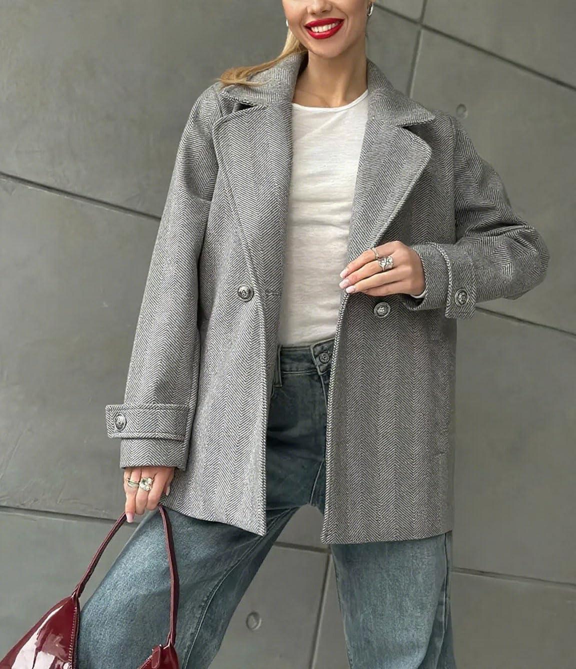 imagechouyatou Womens Herringbone Double Breasted Wool Coat Notched Lapel Work Casual Wool Blend Trench Pea Coat JacketGray