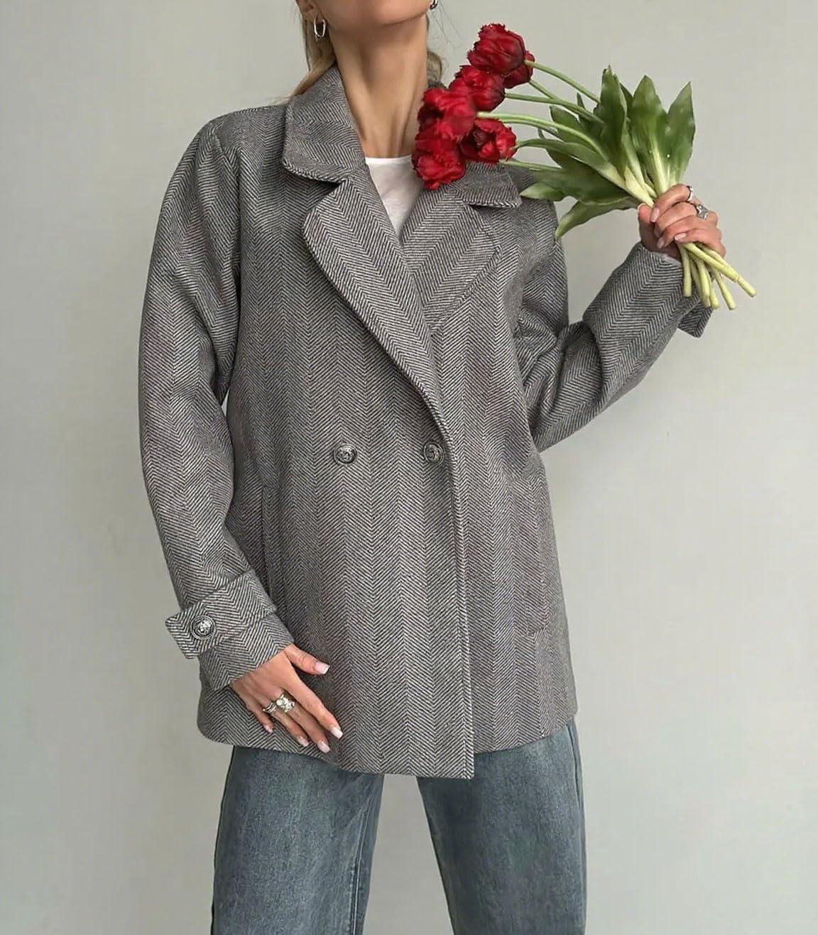 imagechouyatou Womens Herringbone Double Breasted Wool Coat Notched Lapel Work Casual Wool Blend Trench Pea Coat JacketGray