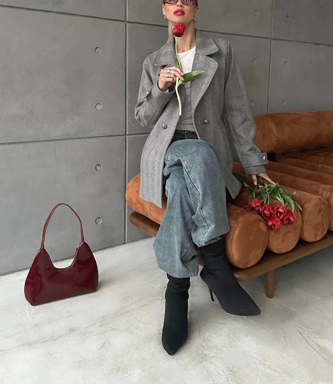 imagechouyatou Womens Herringbone Double Breasted Wool Coat Notched Lapel Work Casual Wool Blend Trench Pea Coat JacketGray