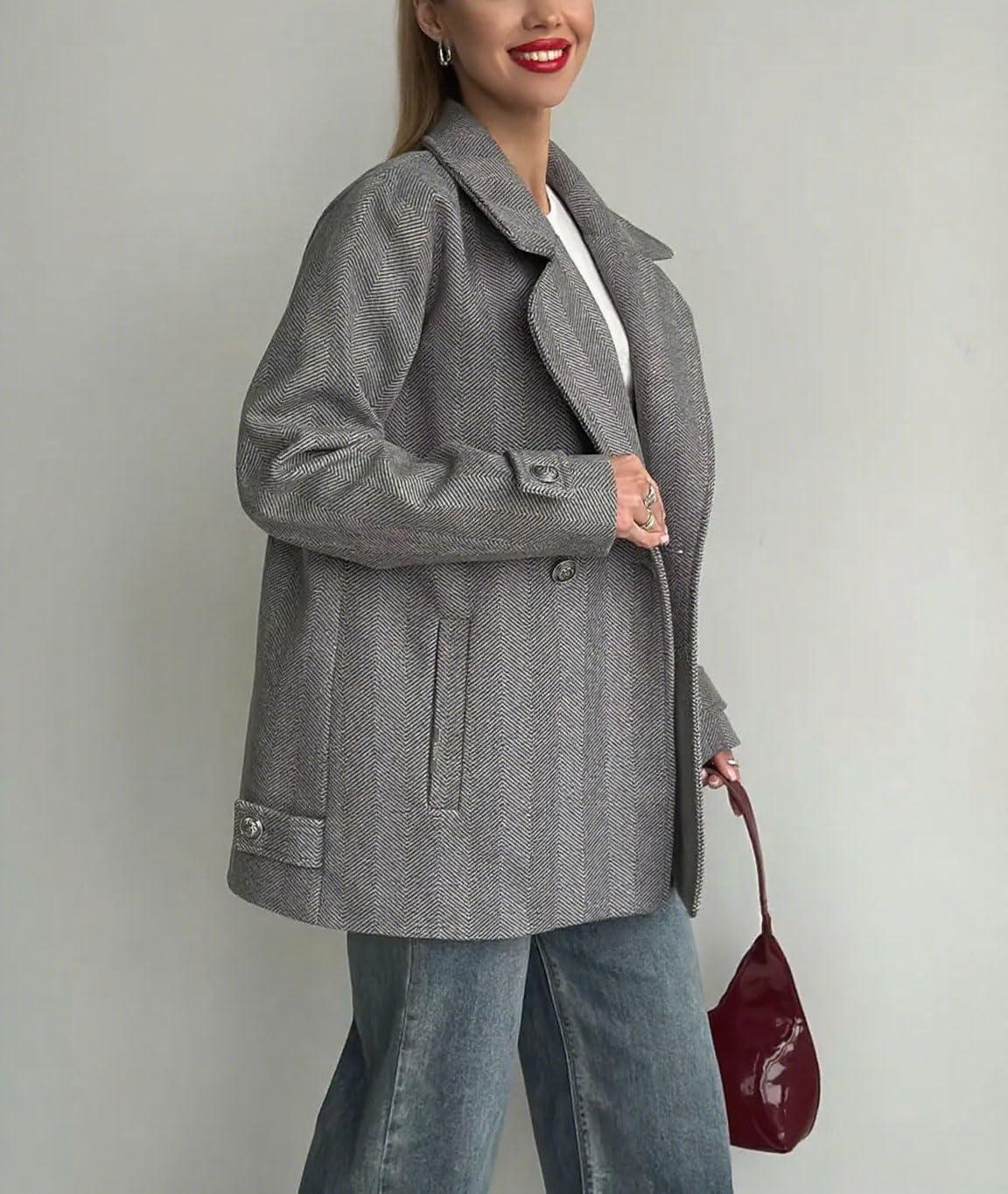imagechouyatou Womens Herringbone Double Breasted Wool Coat Notched Lapel Work Casual Wool Blend Trench Pea Coat JacketGray