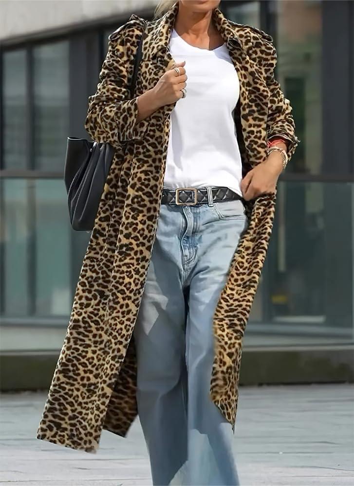 imagechouyatou Womens Leopard Print Faux Suede Coat Open Front Notch Lapel Midi Long Winter Trench CoatLeopard