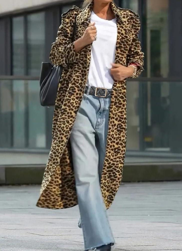 imagechouyatou Womens Leopard Print Faux Suede Coat Open Front Notch Lapel Midi Long Winter Trench CoatLeopard