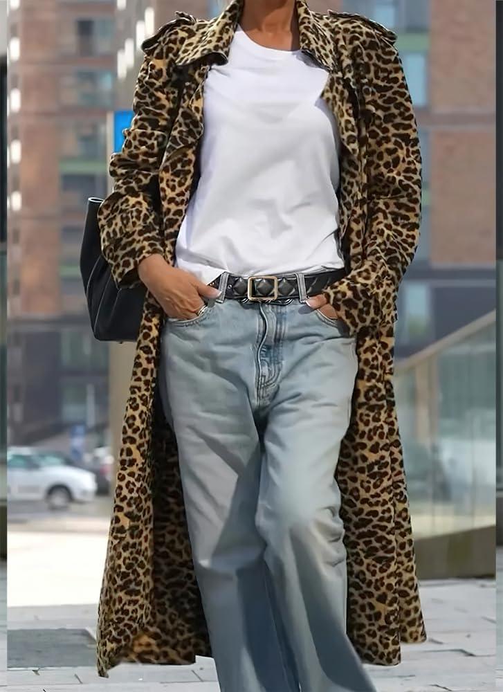 imagechouyatou Womens Leopard Print Faux Suede Coat Open Front Notch Lapel Midi Long Winter Trench CoatLeopard