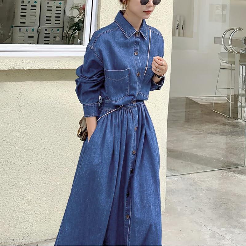 imagechouyatou Womens Long Sleeve Denim Shirt Dress Button Down Lapel Business Casual Maxi Long Jean DressBlue