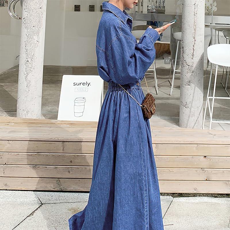 imagechouyatou Womens Long Sleeve Denim Shirt Dress Button Down Lapel Business Casual Maxi Long Jean DressBlue
