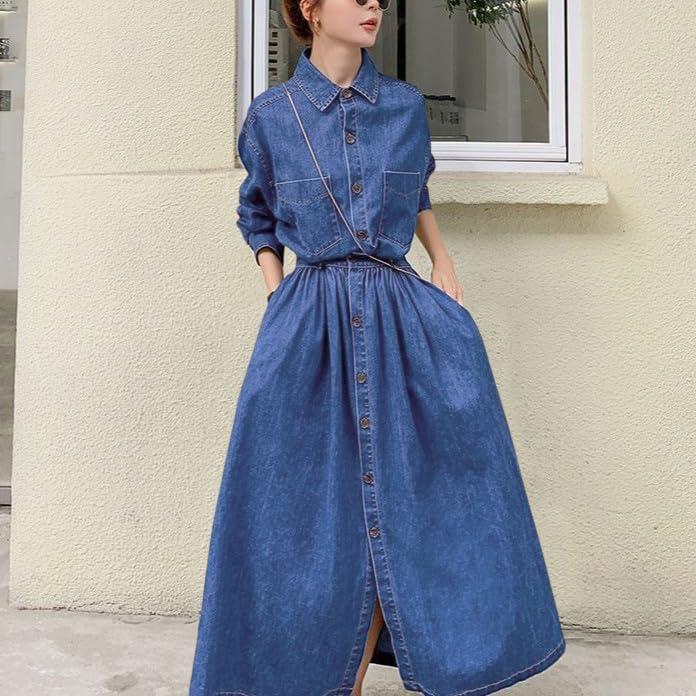 imagechouyatou Womens Long Sleeve Denim Shirt Dress Button Down Lapel Business Casual Maxi Long Jean DressBlue