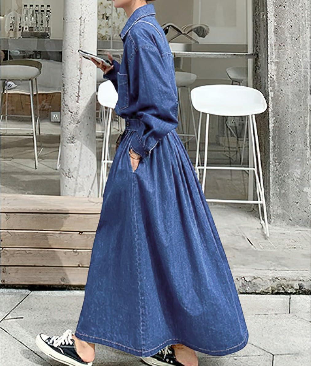 imagechouyatou Womens Long Sleeve Denim Shirt Dress Button Down Lapel Business Casual Maxi Long Jean DressBlue