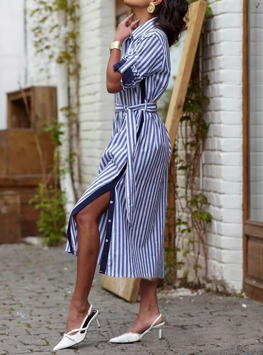 imagechouyatou Womens Long Sleeve Striped Shirt Dress Casual Button Down Midi Long Beach Dress with BeltBlue