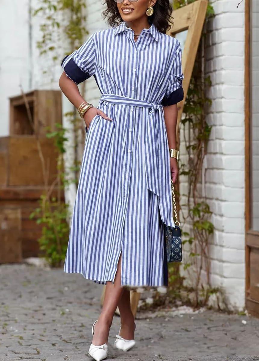 imagechouyatou Womens Long Sleeve Striped Shirt Dress Casual Button Down Midi Long Beach Dress with BeltBlue