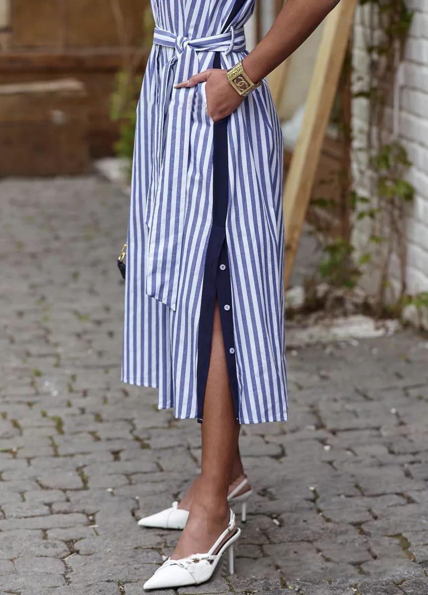 imagechouyatou Womens Long Sleeve Striped Shirt Dress Casual Button Down Midi Long Beach Dress with BeltBlue