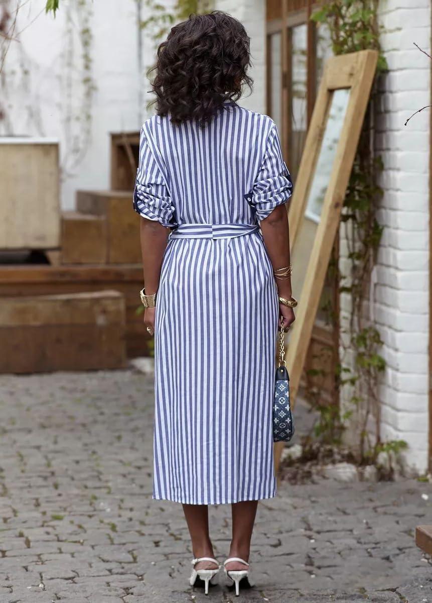 imagechouyatou Womens Long Sleeve Striped Shirt Dress Casual Button Down Midi Long Beach Dress with BeltBlue