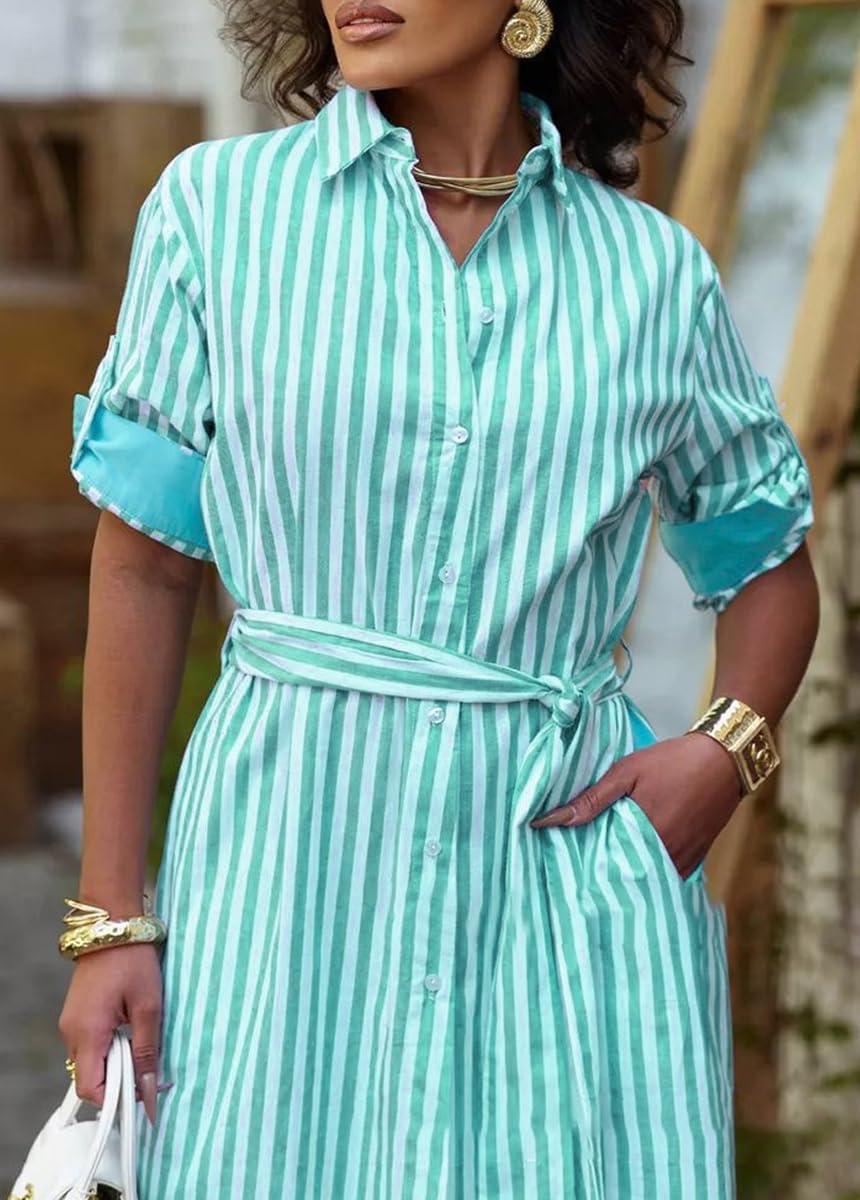 imagechouyatou Womens Long Sleeve Striped Shirt Dress Casual Button Down Midi Long Beach Dress with BeltGreen