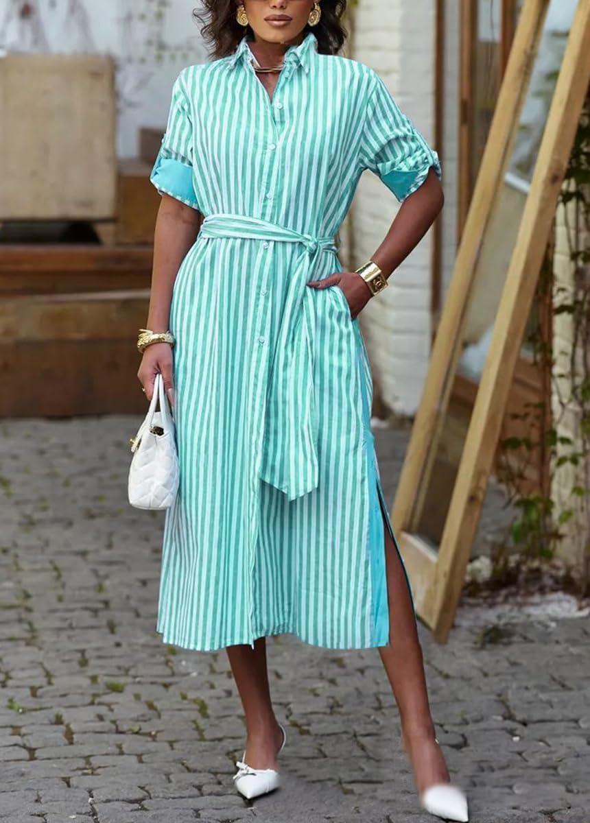 imagechouyatou Womens Long Sleeve Striped Shirt Dress Casual Button Down Midi Long Beach Dress with BeltGreen