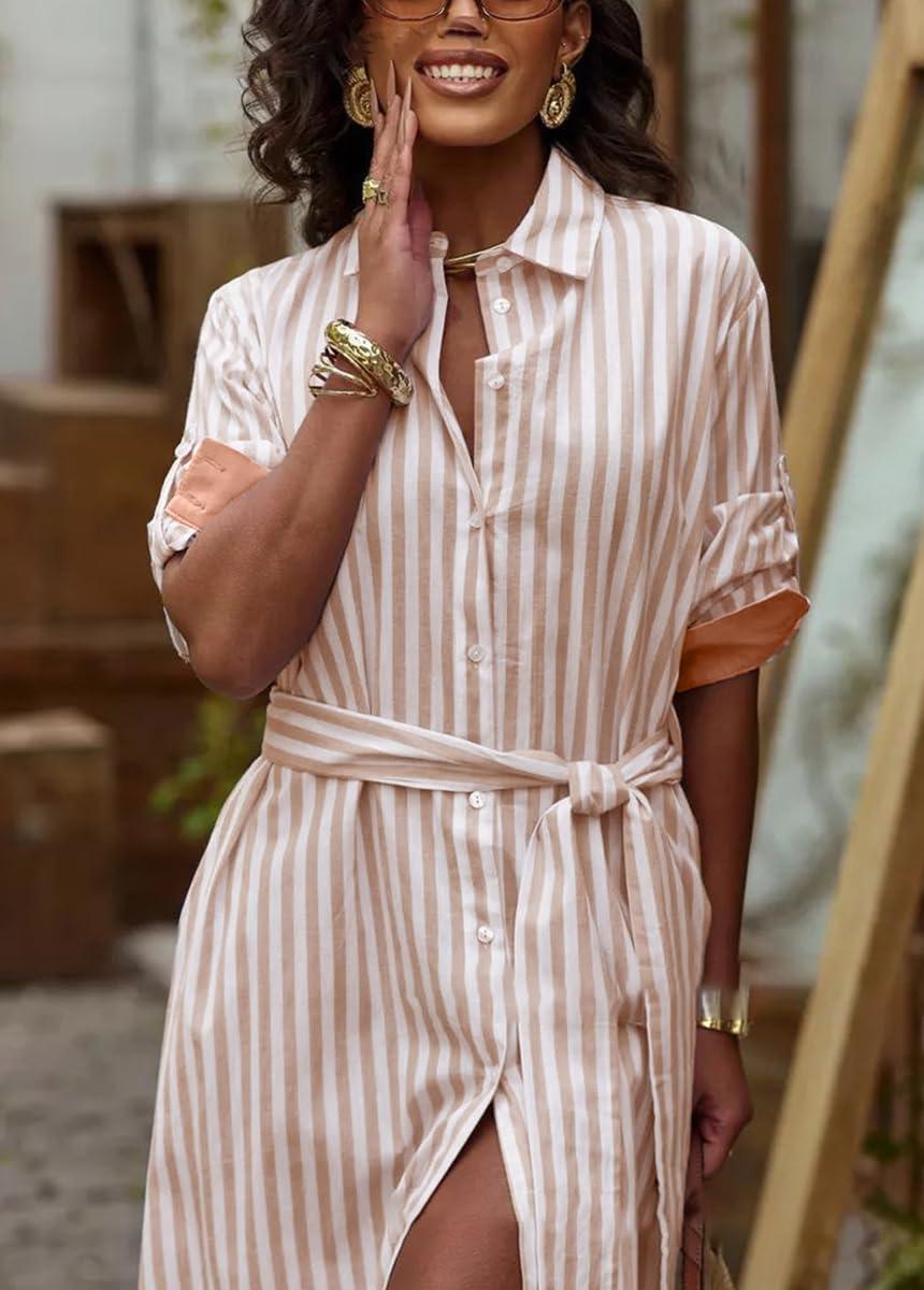 imagechouyatou Womens Long Sleeve Striped Shirt Dress Casual Button Down Midi Long Beach Dress with BeltKhaki