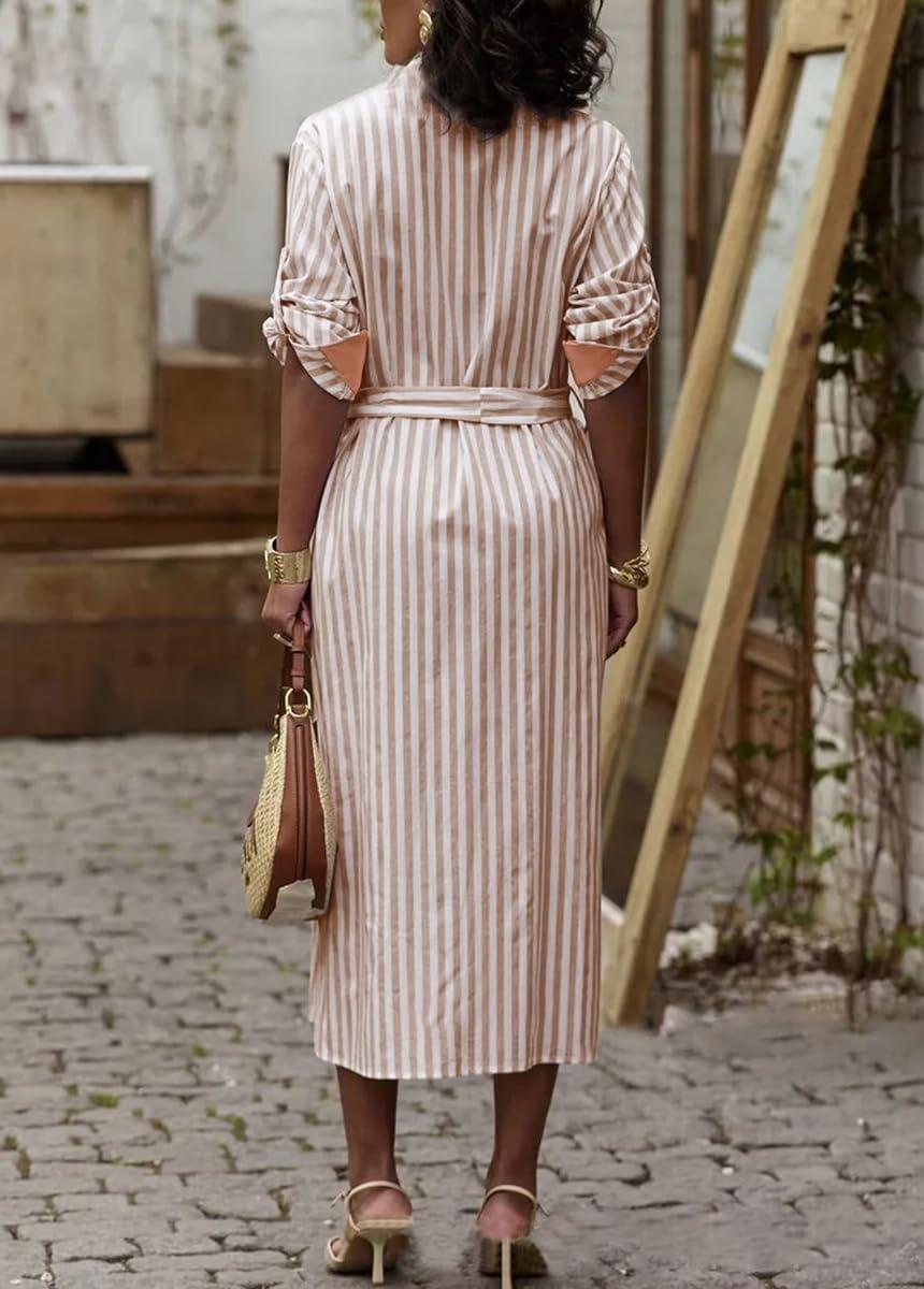 imagechouyatou Womens Long Sleeve Striped Shirt Dress Casual Button Down Midi Long Beach Dress with BeltKhaki