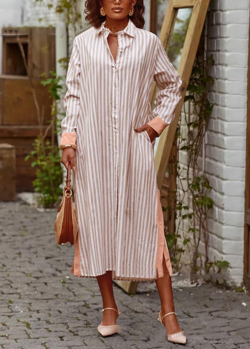 imagechouyatou Womens Long Sleeve Striped Shirt Dress Casual Button Down Midi Long Beach Dress with BeltKhaki