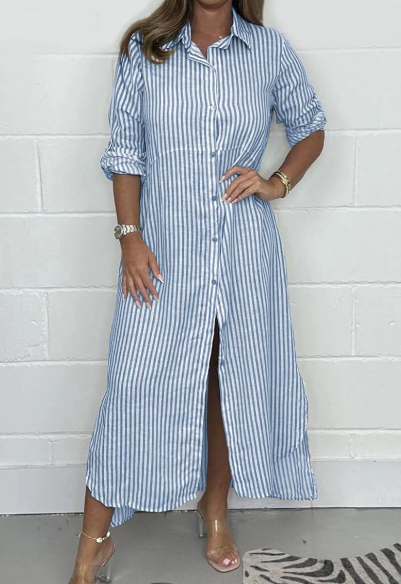 imagechouyatou Womens Long Sleeve Striped Shirt Dress Casual Loose Button Down Maxi Long Tunic DressBlue