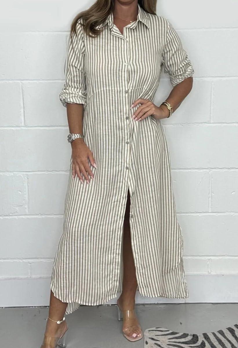 imagechouyatou Womens Long Sleeve Striped Shirt Dress Casual Loose Button Down Maxi Long Tunic DressLight Khaki