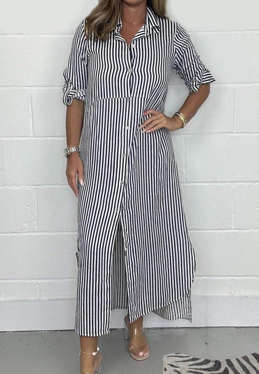 imagechouyatou Womens Long Sleeve Striped Shirt Dress Casual Loose Button Down Maxi Long Tunic DressNavy Blue