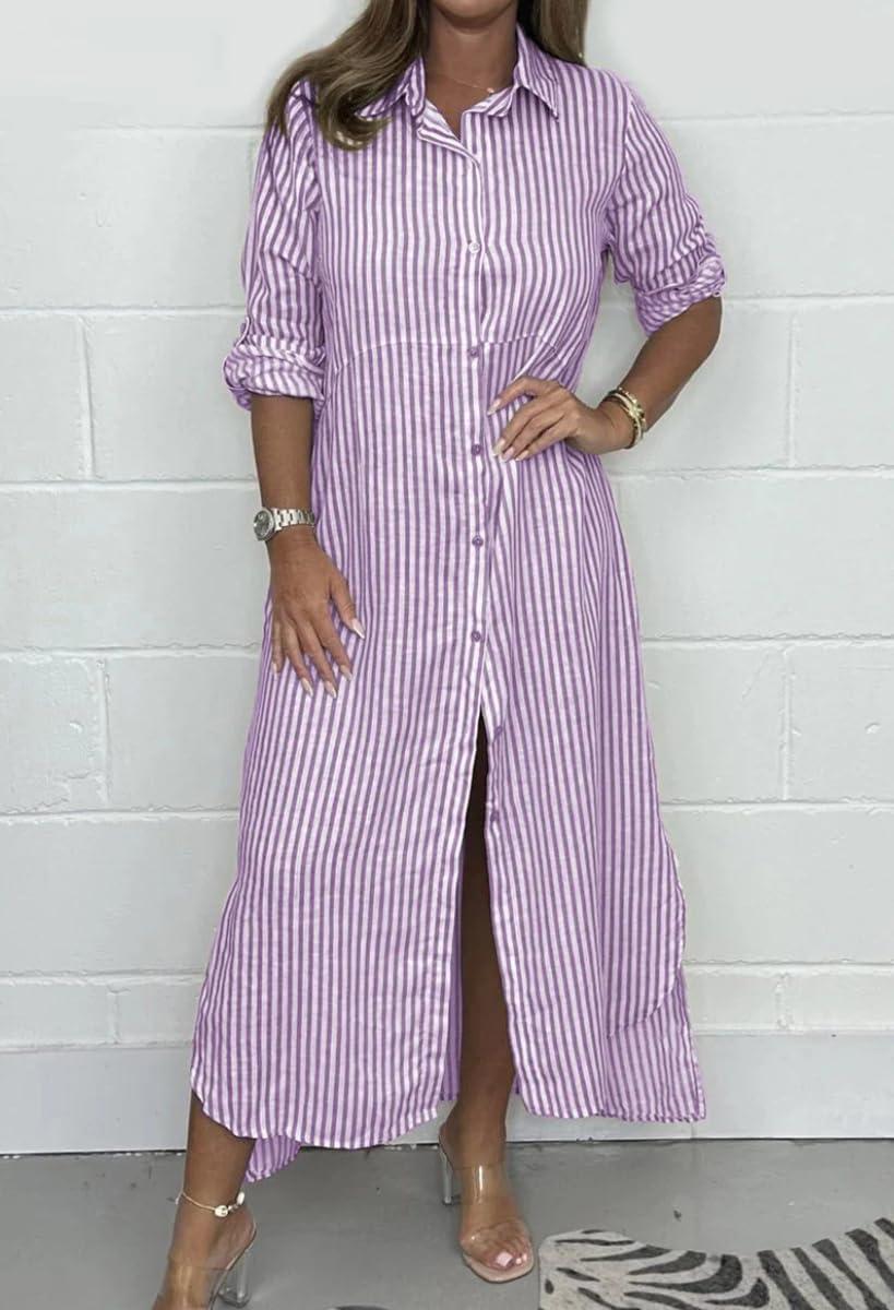 imagechouyatou Womens Long Sleeve Striped Shirt Dress Casual Loose Button Down Maxi Long Tunic DressPurple