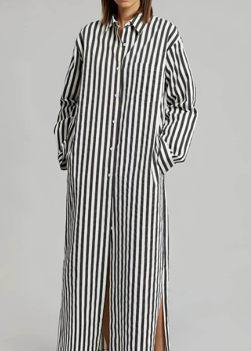 imagechouyatou Womens Long Sleeve Striped Shirt Dress Casual Loose Side Split Maxi Long Tunic DressBlack