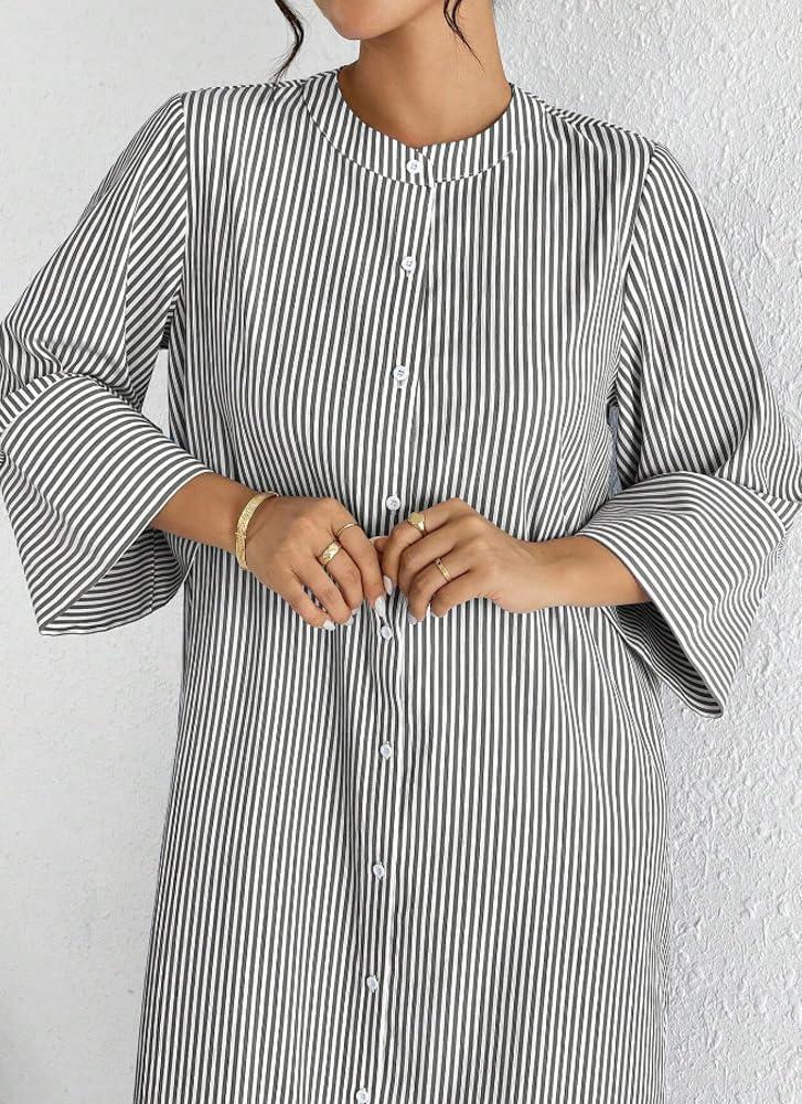 imagechouyatou Womens Long Sleeve Striped Shirt Dress Casual Loose Side Split Maxi Long Tunic DressBlack