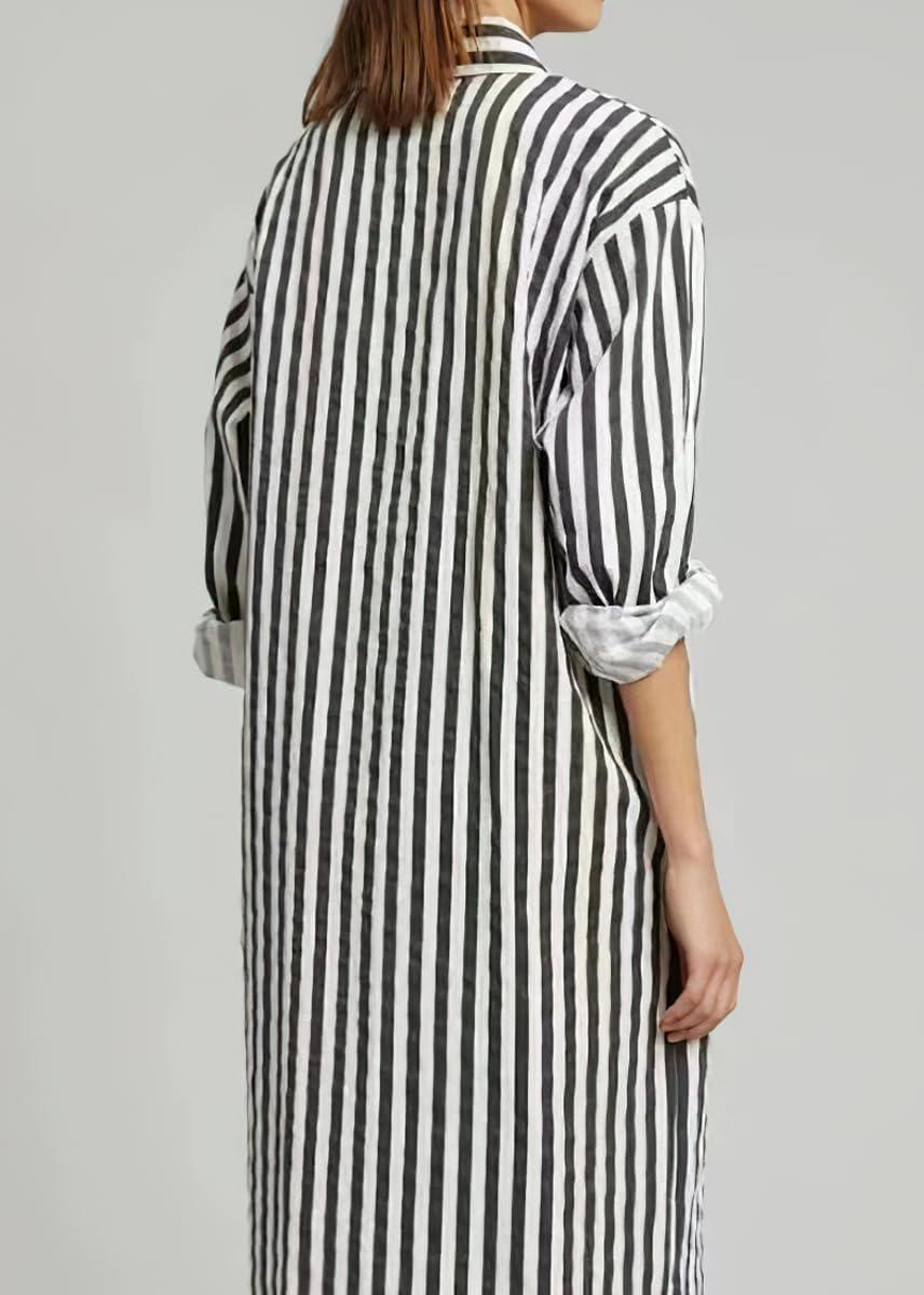 imagechouyatou Womens Long Sleeve Striped Shirt Dress Casual Loose Side Split Maxi Long Tunic DressBlack