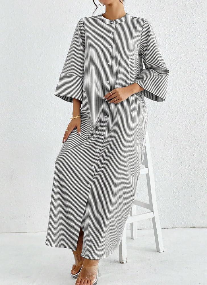 imagechouyatou Womens Long Sleeve Striped Shirt Dress Casual Loose Side Split Maxi Long Tunic DressBlack