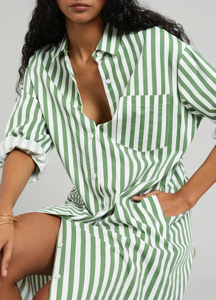 imagechouyatou Womens Long Sleeve Striped Shirt Dress Casual Loose Side Split Maxi Long Tunic DressGreen