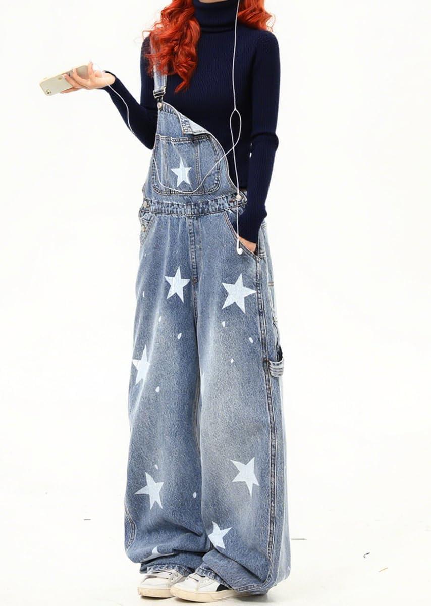 imagechouyatou Womens Loose Adjustable Strap Denim Bib Overall Distressed Star Pattern Barrel Leg Jeans JumpsuitBlue
