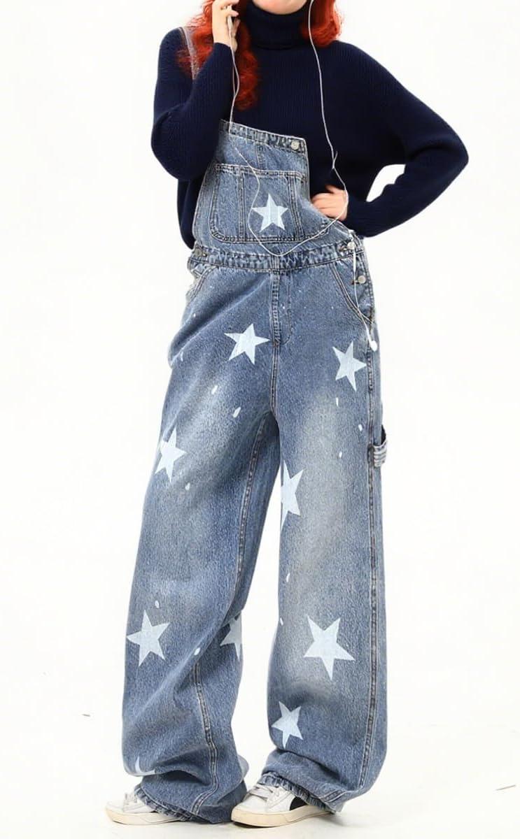 imagechouyatou Womens Loose Adjustable Strap Denim Bib Overall Distressed Star Pattern Barrel Leg Jeans JumpsuitBlue