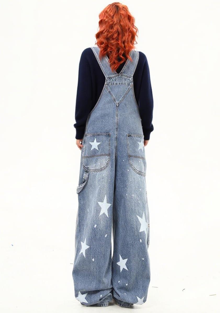 imagechouyatou Womens Loose Adjustable Strap Denim Bib Overall Distressed Star Pattern Barrel Leg Jeans JumpsuitBlue