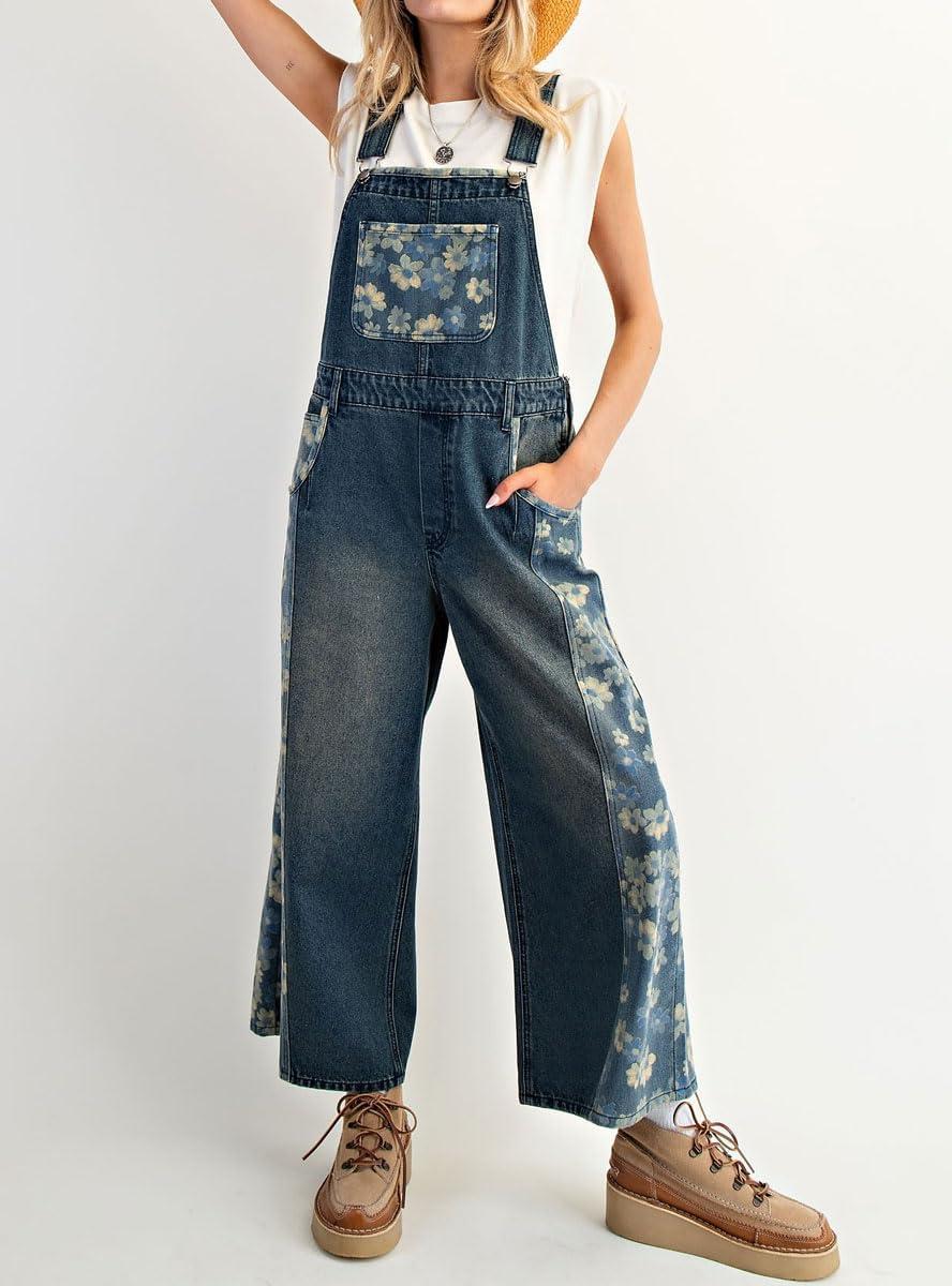 imagechouyatou Womens Loose Adjustable Strap Denim Bib Overall Floral Wide Leg Cropped Jeans JumpsuitBlue