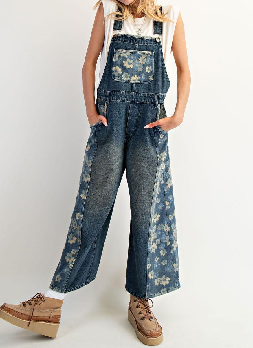 imagechouyatou Womens Loose Adjustable Strap Denim Bib Overall Floral Wide Leg Cropped Jeans JumpsuitBlue