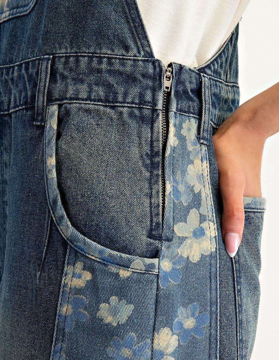 imagechouyatou Womens Loose Adjustable Strap Denim Bib Overall Floral Wide Leg Cropped Jeans JumpsuitBlue